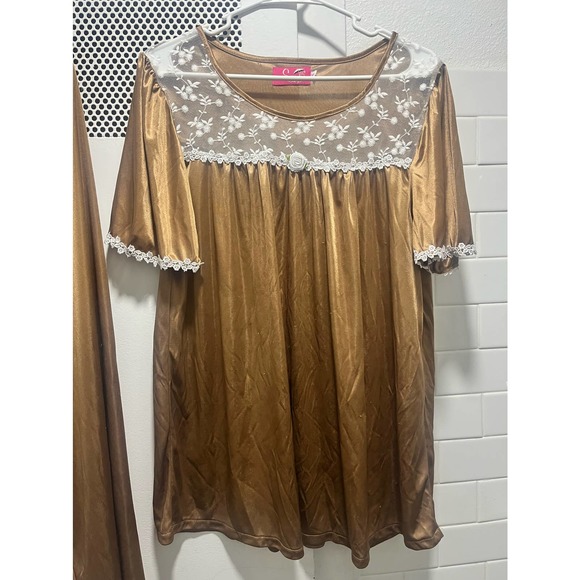 Vintage Brown Silky Ruffled Sleepset Pajamas XXL - Picture 6 of 9